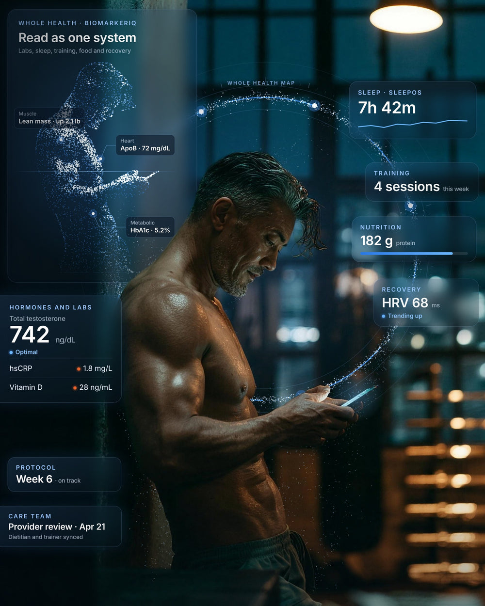 Man in his fifties checking his eūvita portal after a workout, surrounded by a whole health read of his sleep, training, nutrition, recovery and labs